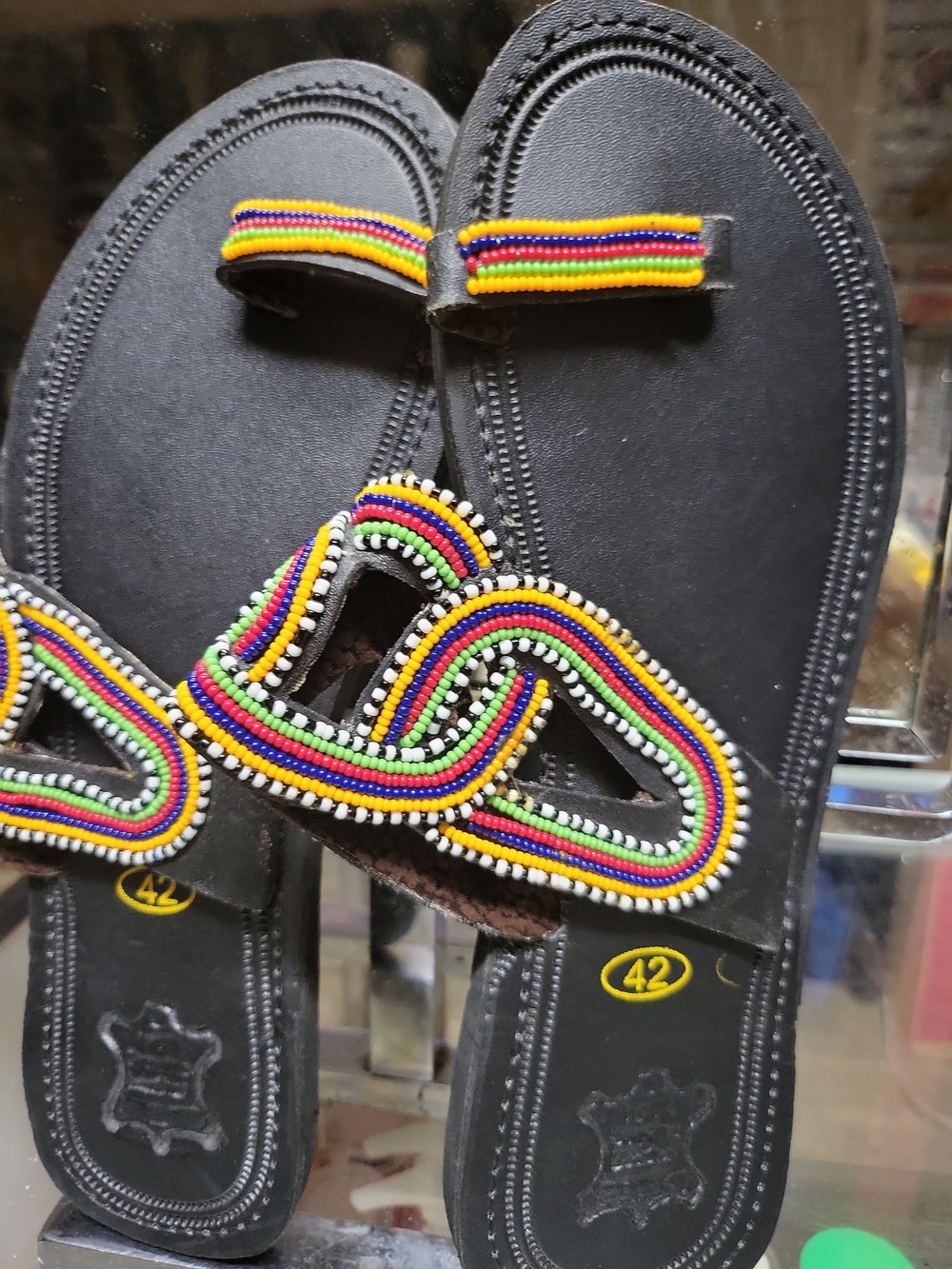 African Maasai Beaded Black Leather Sandals with Multicolor Beadwork Size 11 - Picture 2 of 7